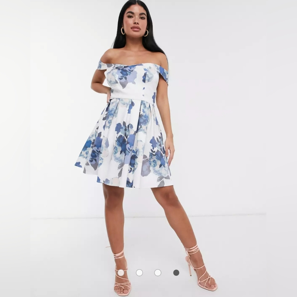 CHI CHI LONDON Off Shoulder Mini Dress in Blue Floral Print, US 2